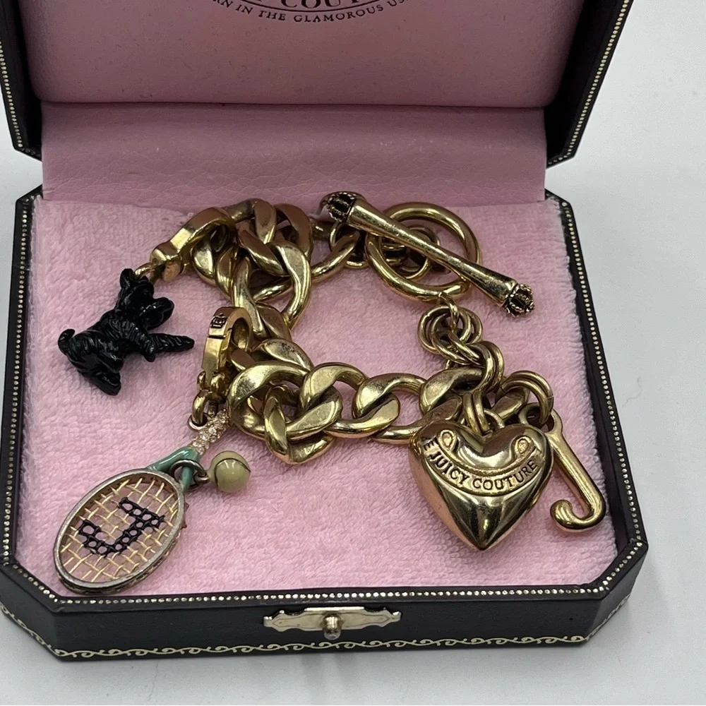 Juicy Couture Puffed Tennis‎ Racquet Scottie Dog Heart Toggle Gold Tone Bracelet